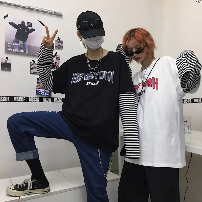 Harajuku футболка для мужчин осень бренд хип-хоп Письмо сплайсинга тройник Топ уличная одежда с длинным рукавом Мужская Повседневная Хип-Хоп Футболка женская