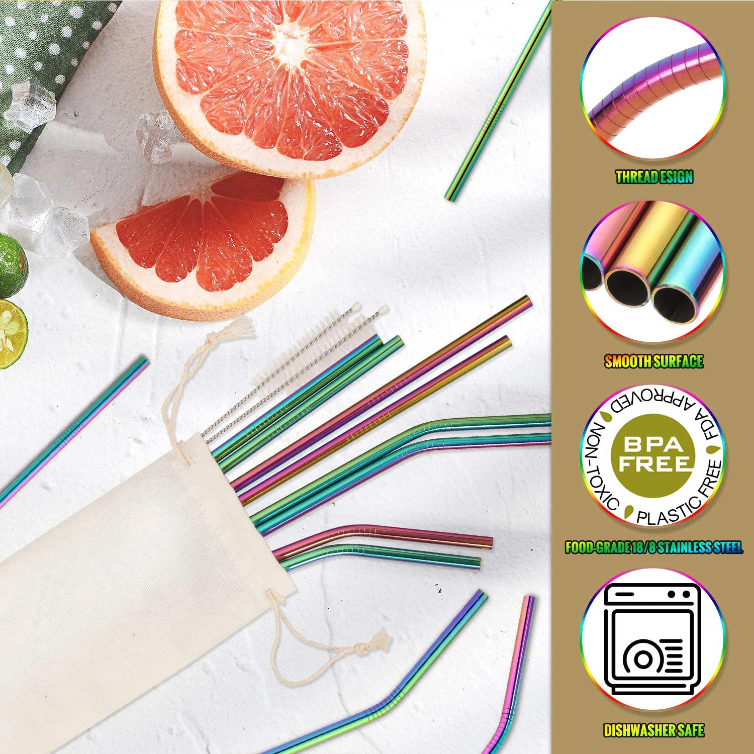 Description Picture 6 of item1pc Reusable Drinking Straws 304 Stainless Steel Metal Straws Set with Cleaning Brush Eco-Friendly Straws for Kids Milk Cocktail