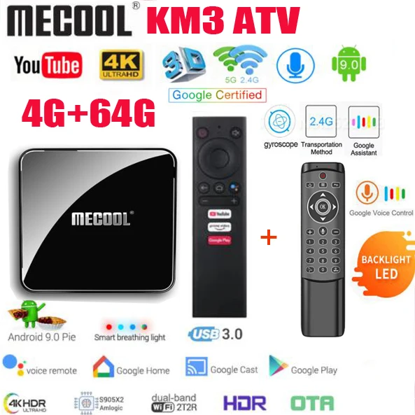 ТВ приставка MECOOL KM3 A TV Android tv 9 0 сертификация Google 4 ГБ 64 Amlogic S905X2 4K 2 4G 5G двойной Wi Fi BT4.0