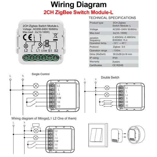 GIRIER Tuya ZigBee 3.0 Smart Light Switch Module No Neutral Wire Required Works with Alexa Google Home Support 2 Way Control - Image 3