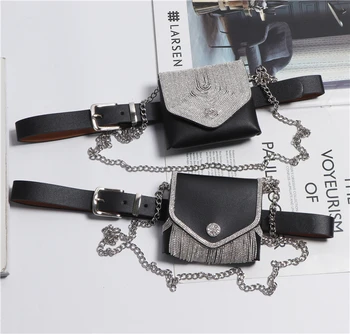

Women sexy club belt new 2020 spring summer diamonds beading small bag tassel PU designer black belts with chians
