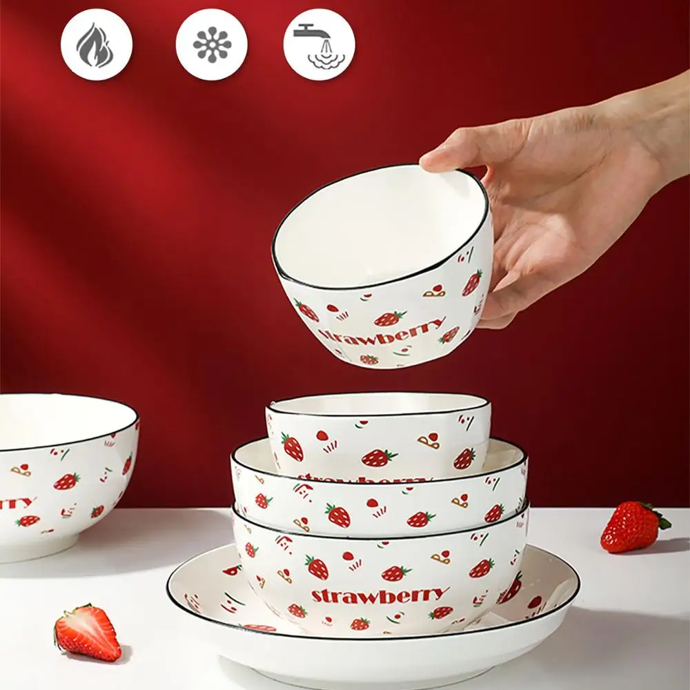 Cute Strawberry Ceramic Bowl Rice Kitchen Tableware Fruit Mixing Salad Dinnerware Ramen Noodles Soup Bowls Porcelain | Дом и сад