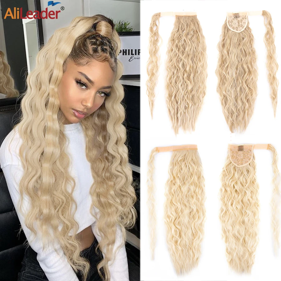 합성 옥수수 물결 모양의 포니 테일 22Inch 긴 곱슬 포니 테일 랩 클립 헤어 익스텐션 Ombre Blonde Brown Fack 포니 테일 헤어 피스 