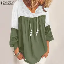  Fashion Women's Spring Blouse ZANZEA Lace Stiching Shirts Casual Long Sleeve Ruffle Tops Female Solid Blusas Oversized Tunic  