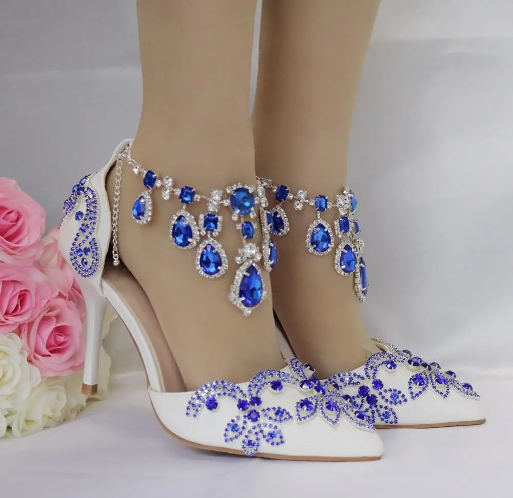 Женские туфли с бахромой и ремешком на щиколотке, украшенные стразами; цвет королевский синий; Модные женские свадебные туфли на тонком каблуке; туфли с пряжкой и украшением в виде кристаллов - Цвет: Белый