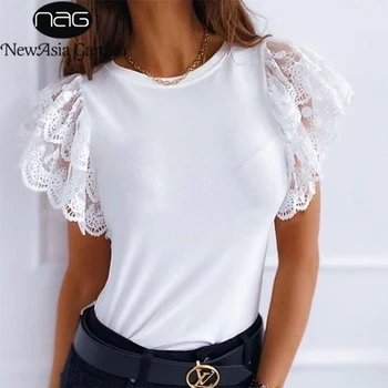 

NewAsia Lace Petal Sleeve Blouse Women Solid O Neck Elegant Shirt Blusas Casual Vintage Blouses Tops Summer Streetwear Shirts