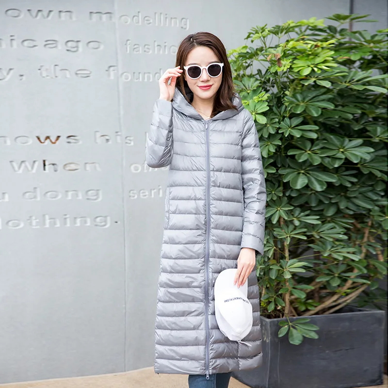  2020 Winter Women's Over-the-Knee Lightweight Hooded Down Jacket Fashion casual white duck down coa