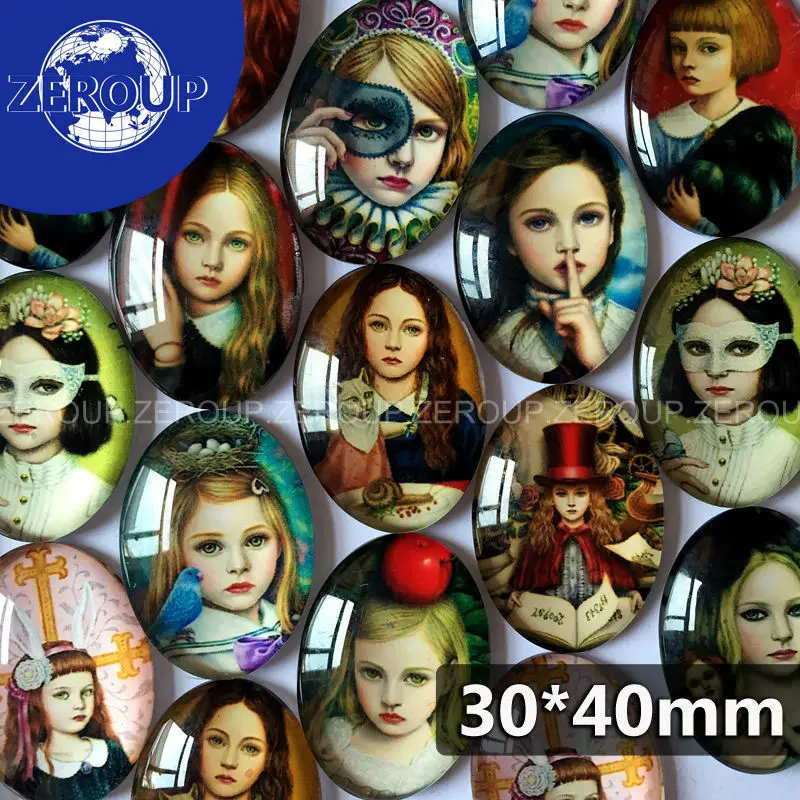 Овальный стеклянный кабошон 30*40 мм изображения девушек смешанный рисунок