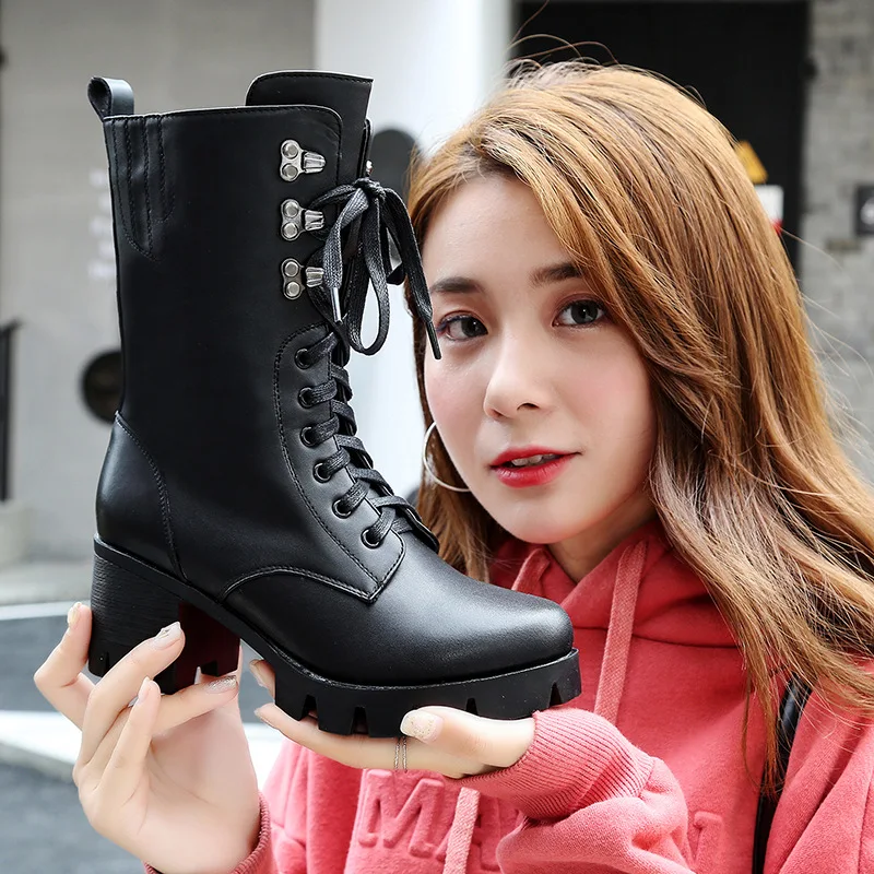 

2018 Autumn & Winter New Style Chunky High Heel Genuine Leather Hight-top Martin Boots Women's England Anti-slip Europe And Amer