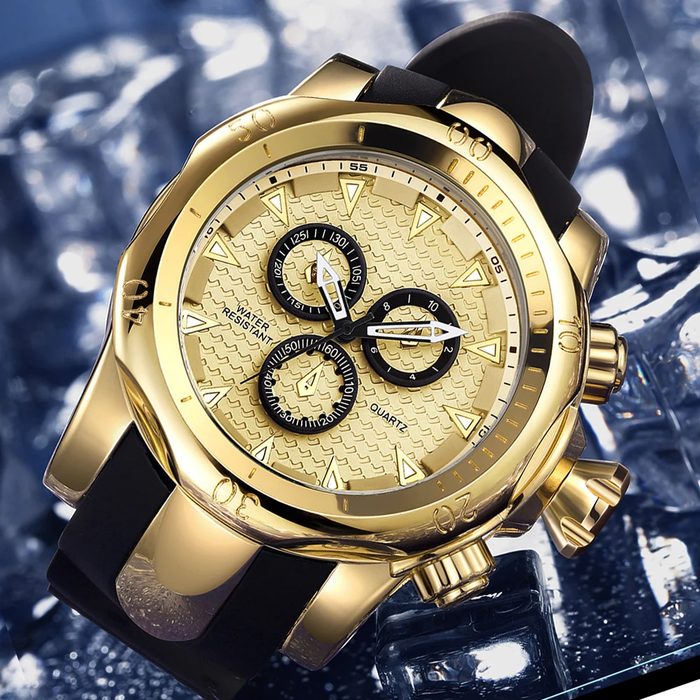 

VAVA VOOM Big Fashion Military Personality Men Quartz Watch Business Sports Silicone Strap Gold Waterproof Watch Relogio Montre