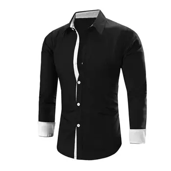 

Spring Autumn Men Color Blo-ck Turn Down Collar Long Sleeve Shirt Slim Fitness Top
