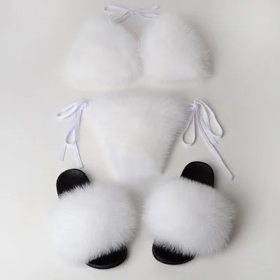 Bikini Slippers Set Новые летние женские шлепанцы-бикини из лисьего меха; пикантные пляжные шлепанцы-бикини с пушистым разрезом; Купальник для женщин; Вьетнамки с пушистым Плюшевым Мехом - Цвет: Bikini Slippers Set