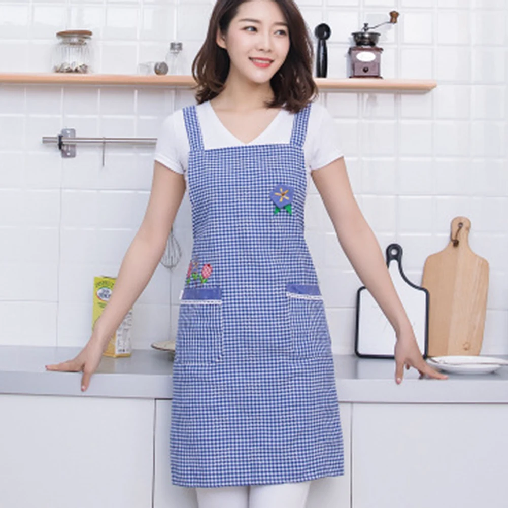 

Cotton Apron Oil Resistant Cleaning Kitchen Home Uniforms Bakery Cotton Linen Plaid Apron With 2 Large Pockets