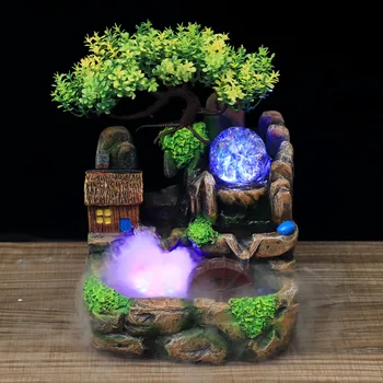 

Led Lights Resin Rockery Flowing Water Fountain Lucky Feng Shui Wheel Office Desktop Ornaments With Nebulizer Home Decoration