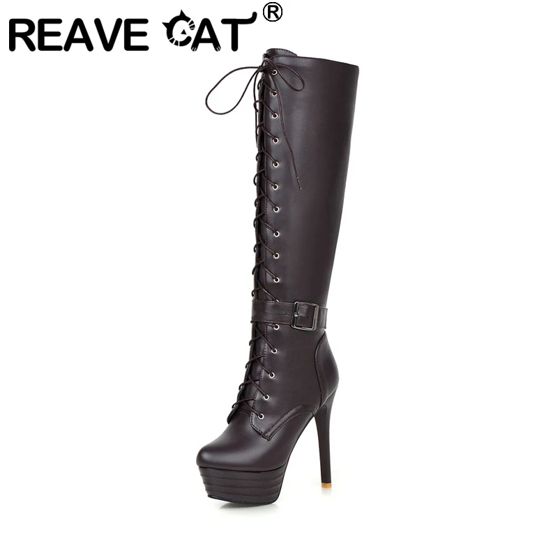 REAVE CAT 여성용 무릎 높이 부츠 벨트 버클, 라운드 토 레이스 업, 13cm 플랫폼, 지퍼 스틸레토 힐 신발, US14 화이트, A4207