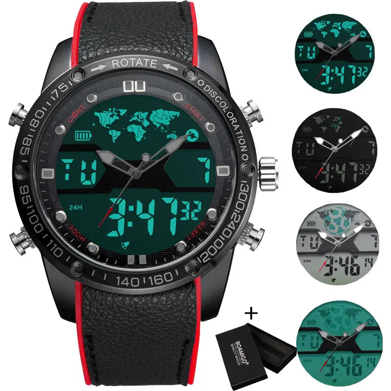 red with box Мужские часы BOAMIGO, мужские модные спортивные часы, мужские Кварцевые светодиодный аналоговые цифровые часы, мужские водонепроницаемые военные наручные часы для плавания - Цвет: red with box
