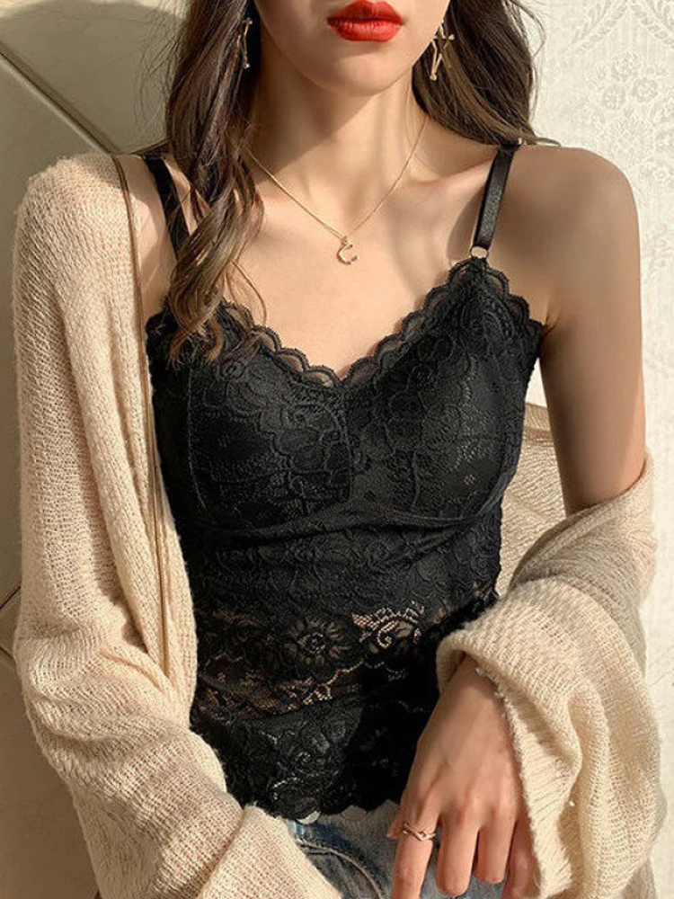 Description Picture 2 of itemLace Crop Top Sexy Lingerie Camisole Bralette Crop Top Y2k Black White Sleep Tops Strap Padded Camis Undershirt Women Fashion