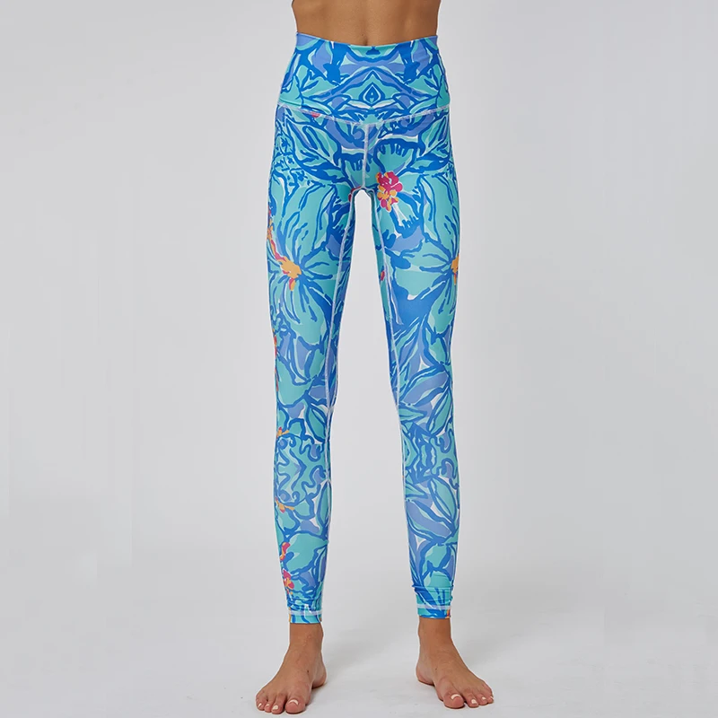 Новая мода с высокой талией для йоги леггинсы сексуальные синие цветы печатных тренажерный зал эластичные Леггинсы спортивные брюки женские уличные штаны для йоги