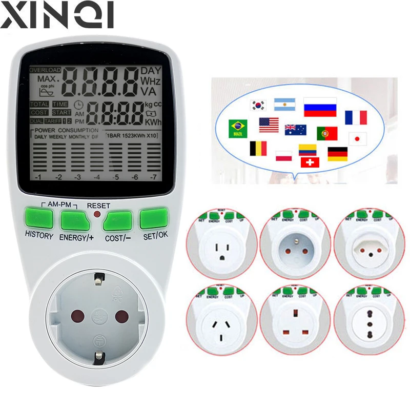 Portugal UE watt Wattímetro Medidor De Potência de Energia LCD Digital Analisador de monitor de Potência Kwh Medidor de Energia Tomada De Medição De Medição de Energia Elétrica