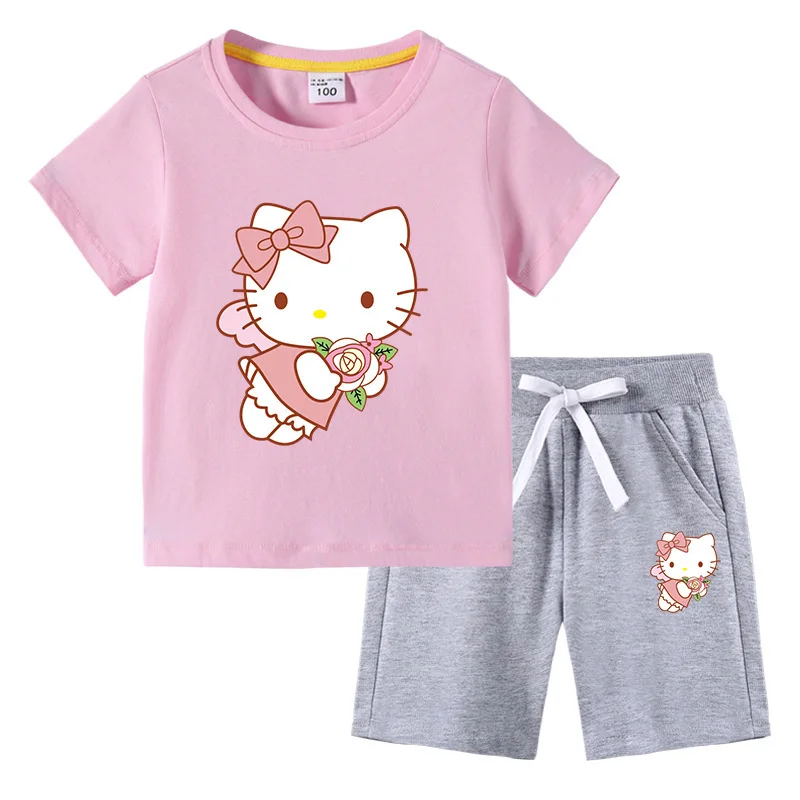 thumbnail image 1 of Conjunto de camiseta de manga corta para niños de Hello Kitty, ropa de algodón para bebés, pantalones cortos de media manga para niños y niñas, traje de dos piezas, 1 of 4