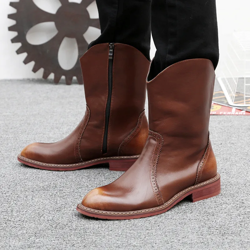 

NEW Autumn Winter Men Genuine Leather Mid-Calf Motorcycle Boots High Quality Plush Warm Zipper Western Cowboy Riding Boots