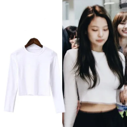 Kpop Blackpink JENNIE/летняя белая хлопковая футболка с длинными рукавами для женщин, Корейская Повседневная футболка, женская тонкая футболка harajuku, Короткие топы