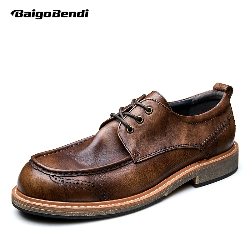 Retro Brown Big Round Toe Men's Hand Made Summer Leather Shoes Trendy