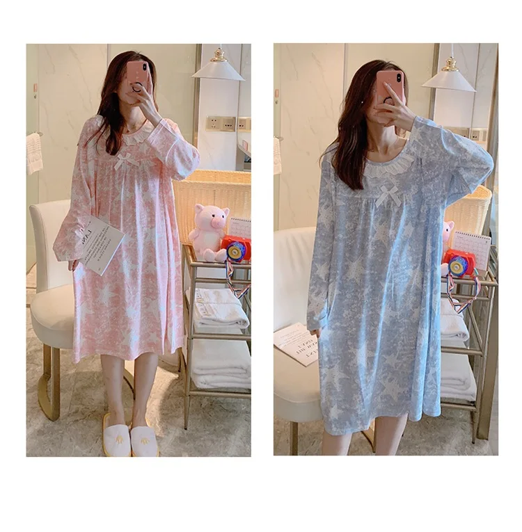 Spring Autumn Casual Plaid Cotton Nightgowns for Women Long Sleeve Loose Night Dress Home Dress Sleepwear Nightdress Nighty