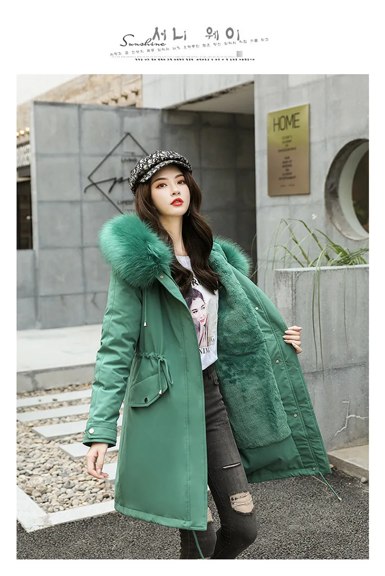 Sweet lady style large women rex rabbit fur liner fur coat long paragraph detachable fur collar women's jacket cotton clothing