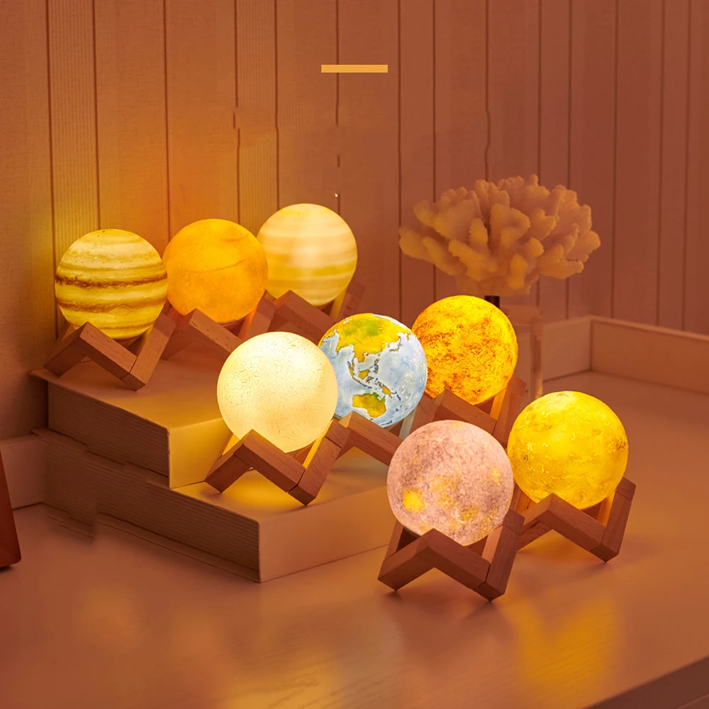 8 개/대 여덟 행성 3D 인쇄 LED 램프 문 지구 목성 크리 에이 티브 분위기 밤 빛 USB 충전 터치 팻 컨트롤 3 다채로운