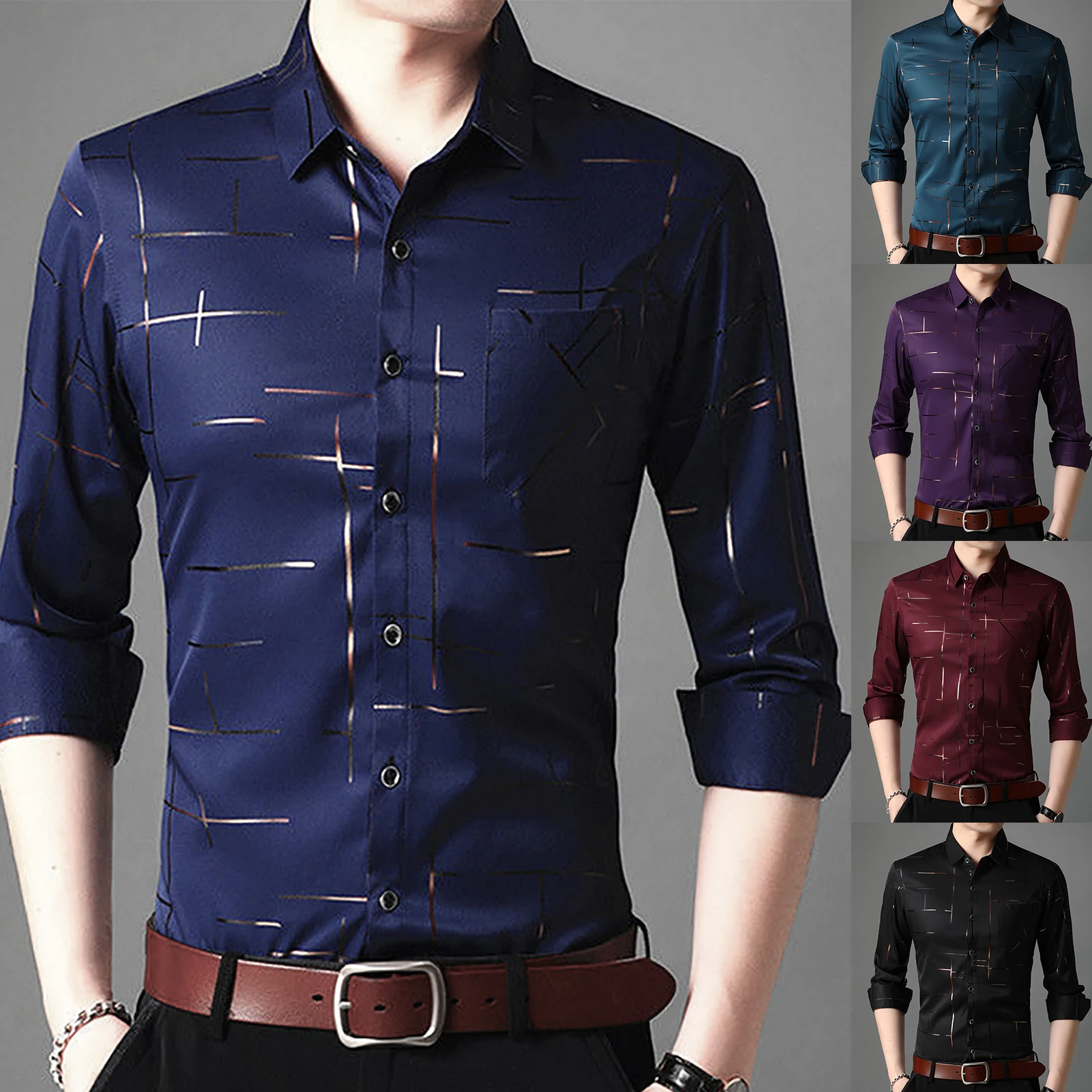 Slim Men Shirt Dress Long Sleeve Turn Down Collar Stripes Single-breasted Polo Business Shirt Top 2