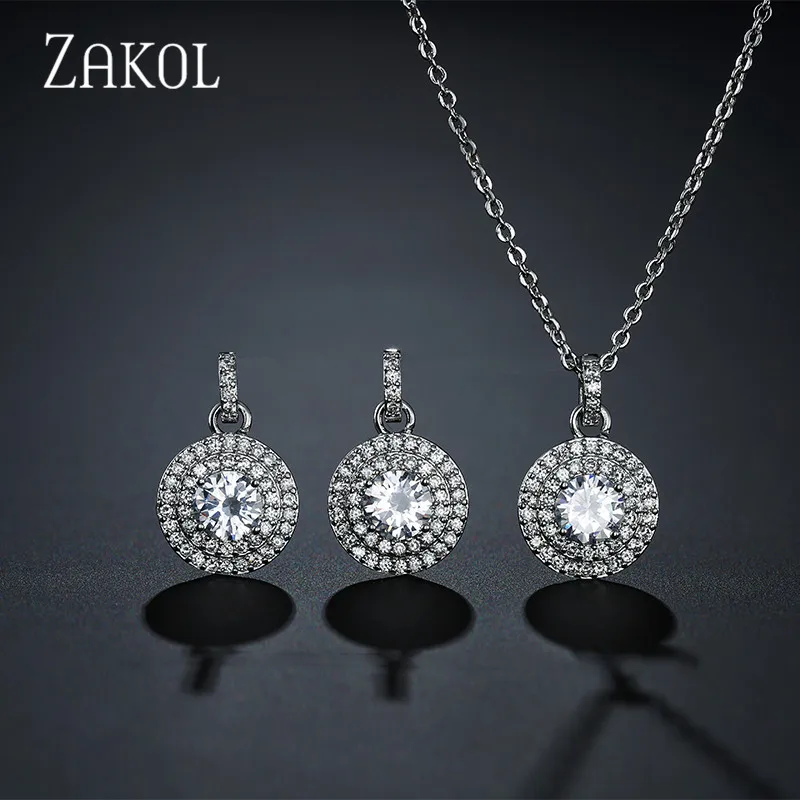 

ZAKOL High Quality Cubic Zirconia Round Stud Earrings Pendant Necklace Set Bridal Jewelry for Women Anniversary Gift FSSP3030