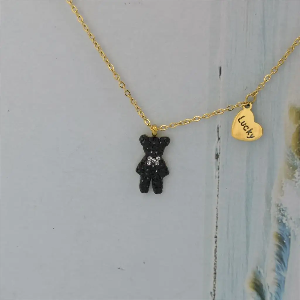 

TEDDY ECO-Certification Good Stainless Steel Necklace 45cm Curb Chain Black/Red Rhinestones Lucky Bear Pendant Fashion Jewelry