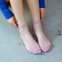 Fashion Women Glass Crystal Silk Socks Cool Girl Lady Summer Transparent Grid Mesh Socks Knit Sheer Thin Meias Sox Kapron Socks