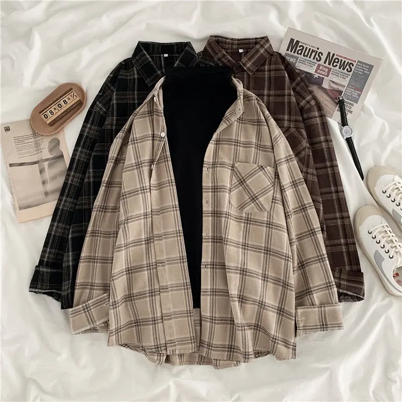 Blouse Oversized Tops Plaid Shirt Long-Sleeve Blusas Vintage Korea Women Female Casual