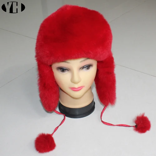 Winer warm real rex rabbit fur hat lady fashion fur earmuffs new fashion girl cute natural rabbit fur Bomber Hats headgear - Цвет: red