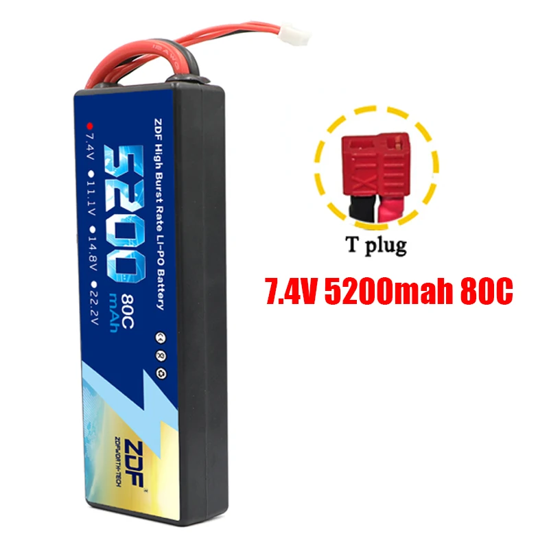 ZDF Lipo Аккумулятор 7,4 V 11,1 V 14,8 V 5200mah 6200mah Hardcase 2S 3S 4S 80C 160C 1/10 1/8 весы для Traxxas Slash 4x4 RC автомобилей лодки - Color: 2S5200mah T plug