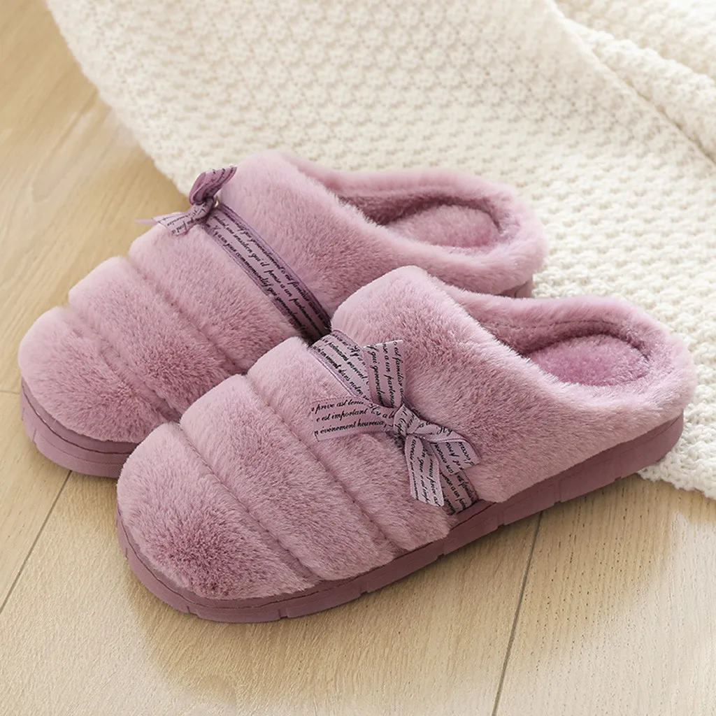 Милые домашние тапочки с бантиком женские Замшевые слипоны мягкие зимние теплые