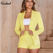 Модный комплект из 2 предметов, зеленый женский костюм, двубортный пиджак+ шорты с высокой талией, женский костюм, комплект из 2 предметов