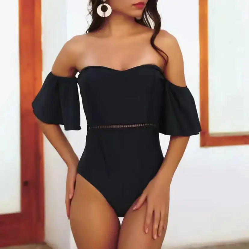 

Solid Black One piece Swimsuit Women Swimming Suit Off Shoulder Ruffle Swimwear Female 2022 Monokini Cover Belly Bathing Suit