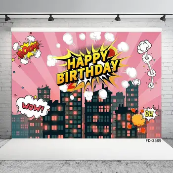 

Pink Girl Birthday Party Banner Backdrop Decoration Comics Superhero City Poster Background Children Photography Photocall Props