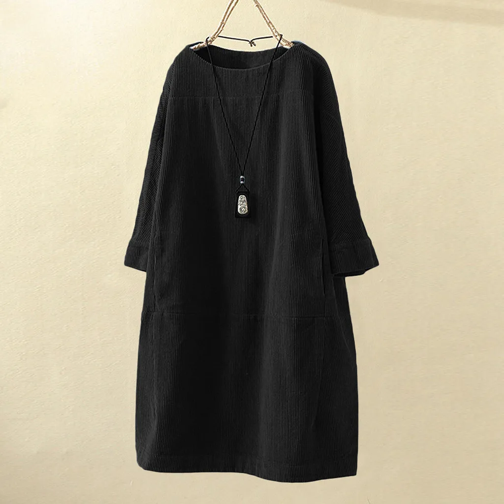 2019 Vintage Autumn Dress Women Long Sleeve Pocket Solid O Neck Loose Party Dress Women Casual Plus Size Dress Vestidos#J30