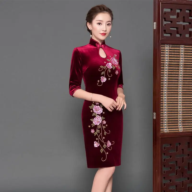 Большие размеры 3XL 4XL Vestidos Для женщин сексуальное Новое плотное Восточное китайское современное Qipao с коротким рукавом длинное вечернее платье чонсам - Цвет: Claret B
