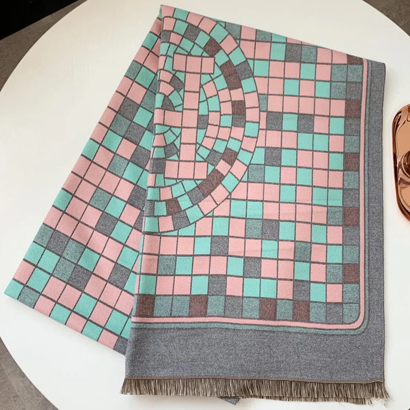 Fashion Plaid Solid Winter Scarf for Women Pashmina Shawls Wraps Lady Warm Tassel Blanket Scarves Cashmere Bufanda