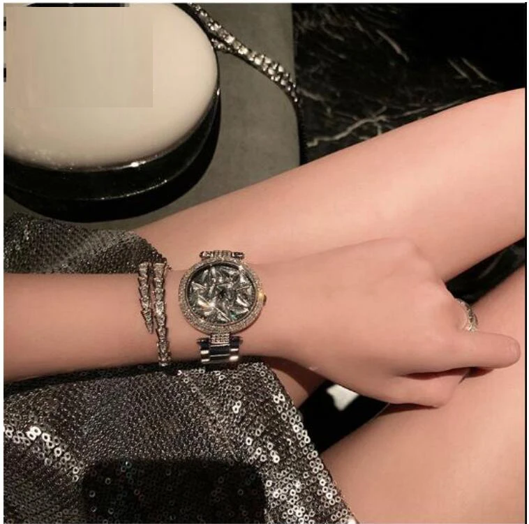 Женские наручные часы с вращающимся циферблатом, золотые женские часы с кристаллами и бриллиантами, серебряные женские часы из нержавеющей стали