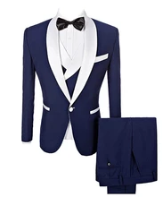 

New Arrival Men's 3 Pieces Navy Blue Single Button Suits With White Shawl Lapel Groom Wedding Business Formal Slim Fit Tuxedo