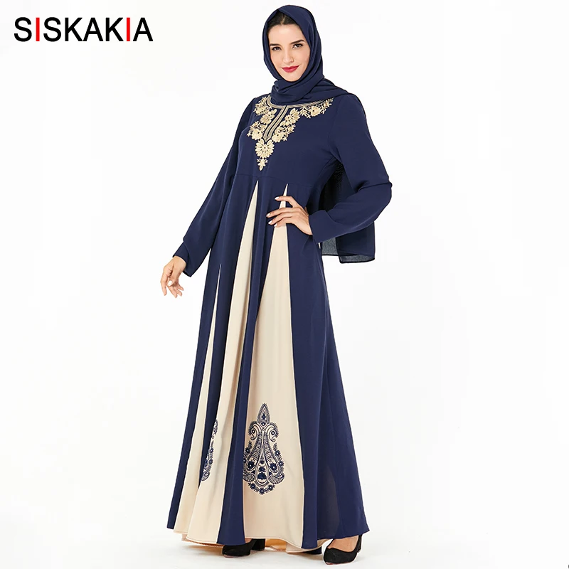 Siskakia abaya/винтажное этническое платье с вышивкой, мусульманские Формальные платья на Ближнем Востоке, Модные Популярные Цветные Лоскутные халаты в Дубае синего цвета