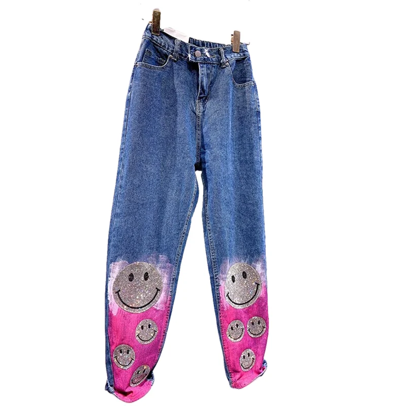 New Spring Hot drilling Cute smiley jeans pant loose for Women Streetwear Washed Straight Casual Pants spring scenes an adult coloring book featuring beautiful spring scenes cute animals and relaxing country landscapes 25 page