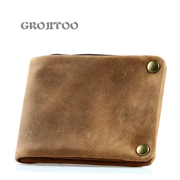 

GROJITOO Casual men's wallet leather short snap purse Crazy Horse cowhide zipper wallet high-quality cowhide purse
