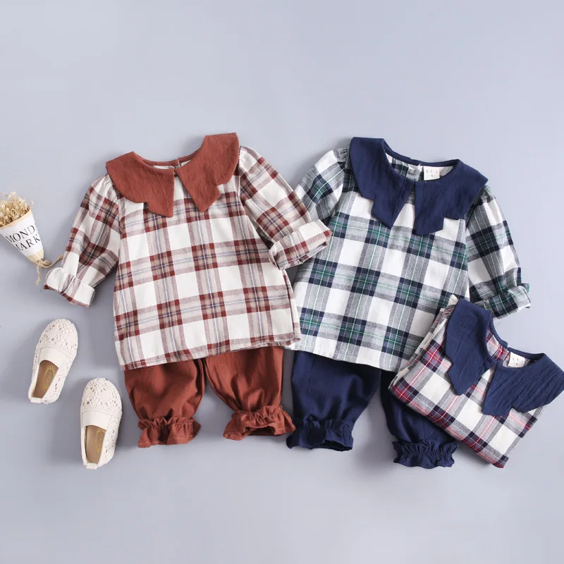 

2019 Spring And Autumn Girls 1-4-Year-Old Plaid Peter Pan Collar Hoodie Suit Cotton Linen Children Two-Piece Set